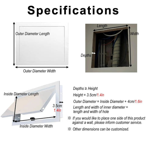 Specifications for Slick Drywall Access Panel With Magnetic Lock, White Aluminum Frame For Wall And Ceiling, various dimensions shown.