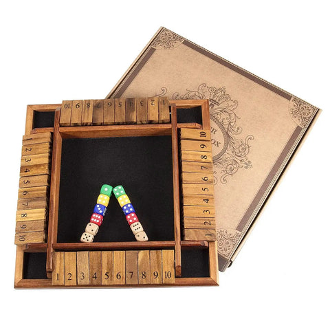 Shut The Box Dice Game on a solid wood tabletop with 12 dice, 1 to 4 players, family-friendly math challenge for kids and adults.
