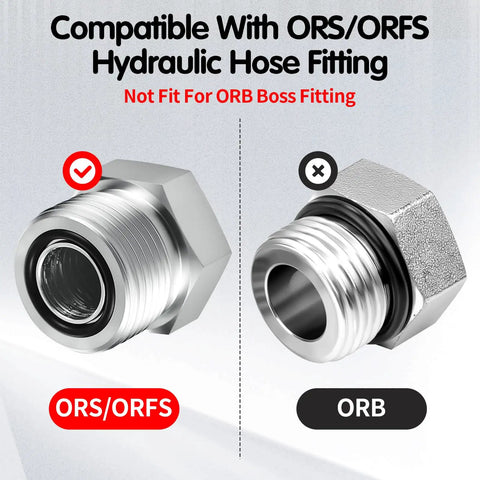 Image showing comparison between ORS/ORFS and ORB hydraulic hose fittings, highlighting compatibility for ORS/ORFS only.