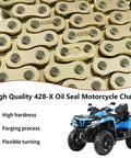Close-up of 428 X Ring Drive Chain with 118 Links and Master Link for Motorcycle ATV Bicycle Go Kart Gold Finish, Heavy Duty Chain