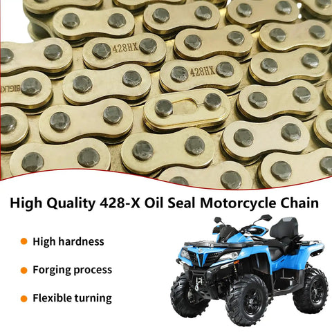 Close-up of 428 X Ring Drive Chain with 118 Links and Master Link for Motorcycle ATV Bicycle Go Kart Gold Finish, Heavy Duty Chain