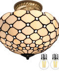 Tiffany Style Cream Amber Stained Glass Ceiling Light Fixture 12 Inch Semi Flush Mount With Antique Green Bronze Base And 11 Inch Height, 16 Inch Hardwired Cord, Bead Glass Accent, LED Ready, Eye Catching Dining And Hallway Lighting