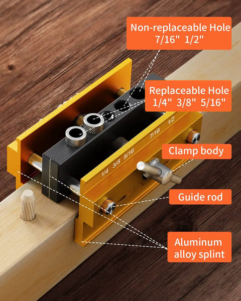 Self Centering Doweling Jig Kit For Dead On Precision Wood Joints, Adjustable Drill Jig Set with labeled parts and gold finish