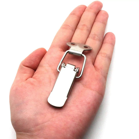 Stainless Steel Spring Loaded Toggle Latch Set For Cabinets, Toolboxes, Drawers, Boxes, And Chests, held on hand, compact size
