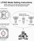 Diagram showing NG LPG convertible gas regulator settings and instructions for mode adjustment between natural gas and LPG usage.
