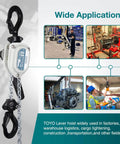 Mini Chain Hoist 1100Lb Manual Lever Hoist with chain and hooks displayed alongside images of various industrial applications.