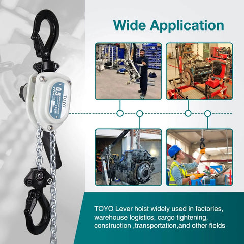 Mini Chain Hoist 1100Lb Manual Lever Hoist with chain and hooks displayed alongside images of various industrial applications.