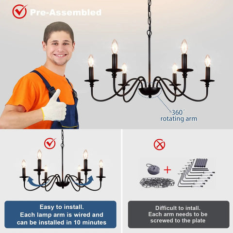 Farmhouse 6 Light Black Chandelier For Dining Room And Kitchen Island Pendant Light Fixture With Industrial Rustic Vibe