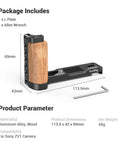 L-Shape Bracket Wooden Grip With Cold Shoe for Sony ZV1, aluminum and wood construction with Allen wrench shown, 113.5mm length
