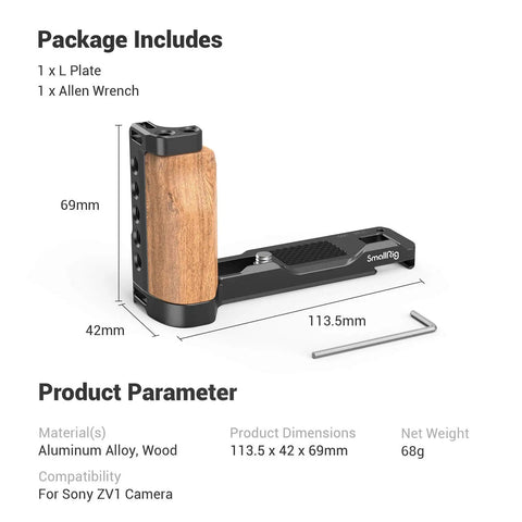 L-Shape Bracket Wooden Grip With Cold Shoe for Sony ZV1, aluminum and wood construction with Allen wrench shown, 113.5mm length