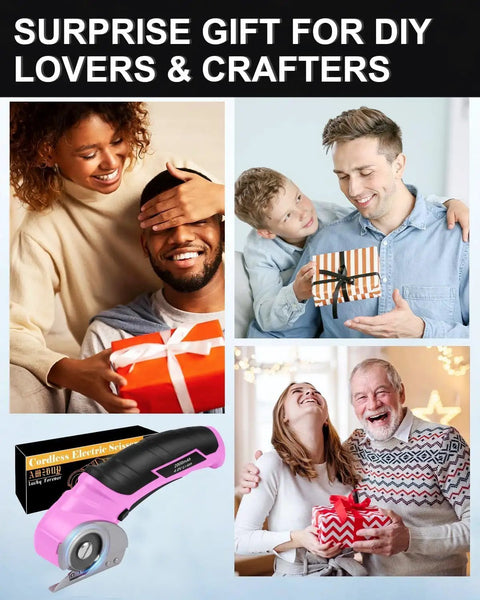 Cordless Electric Scissors Rechargeable Box Cutter That Slays Through Cardboard Fabric Leather And Paper With Self Sharpening Blade 240Rpm Motor shown with people celebrating with gifts.