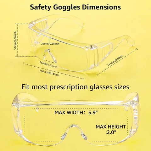 Over Eyeglasses Safety Goggles 50 Pack With Anti Fog And Anti Scratch Lenses, ANSI Z87.1 Certified, dimensions and size guide.