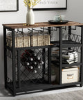 Slick Industrial Wine Rack Table Doubles As Console Table With Glass Holder And Ample Wine Storage Space To Keep Your Favorites Secure, featuring wine bottles and baskets.