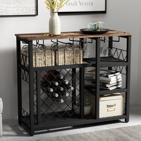 Slick Industrial Wine Rack Table Doubles As Console Table With Glass Holder And Ample Wine Storage Space To Keep Your Favorites Secure, featuring wine bottles and baskets.