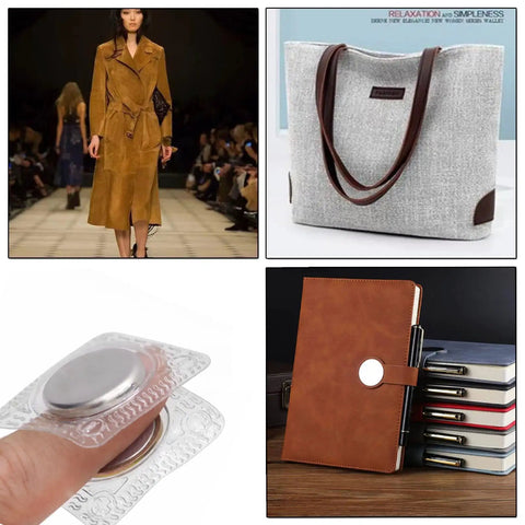 Legit Heavy Duty Magnetic Snaps, Zero Hassle Sew In Hideaway Closures For Crafts And Diy Gear in clear packaging on a finger.