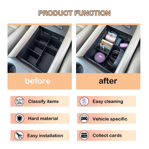 Honda Center Console Dividers For Pilot, Ridgeline And Passport 2016-2023 Easy Install Kit showing before and after organized storage.