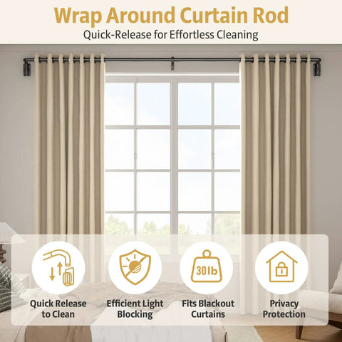 Blackout Curtain Rods With Quick Release Wrap Around Design 1 Inch Adjustable Heavy Duty Matte Black For Windows 48 To 84 Inches Easy Install No Tools Needed Detachable For Washing Ideal For Bedroom And Living Room, shown in living room with beige curtains and icons showcasing features like quick release and privacy protection.