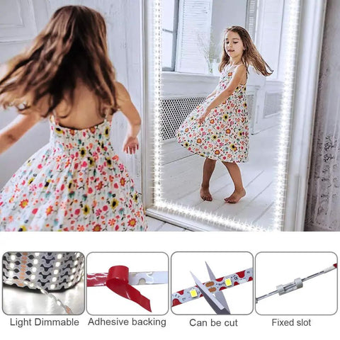 Girl in floral dress twirling by a mirror with 13Ft Led Vanity Mirror Lights Kit Bendable No Cutting Required With Dimmer