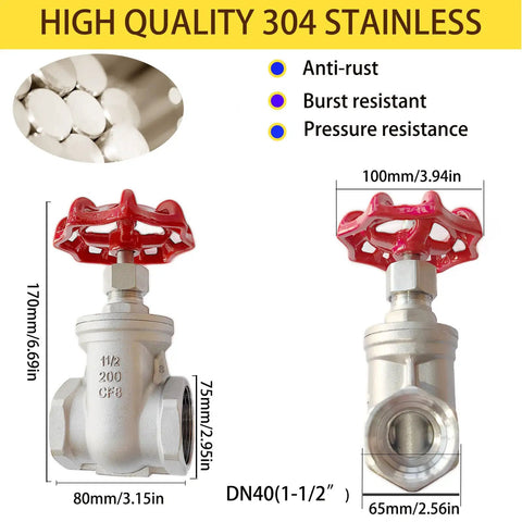 304 Stainless Steel Rotary Globe Gate Valve One And One Half Inch NPT Female Threaded Valve shown in multiple views with measurements.