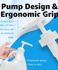 White pump design with ergonomic grip for bottles, highlighting precise control, one-hand use, and drip-free features on blue background.