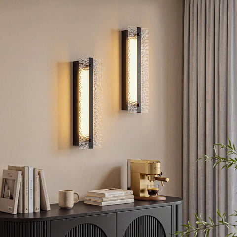 ElilyGiA 16 Inch Modern LED Wall Sconce Vanity Light, Black with ripple glass shades illuminating a modern living space.