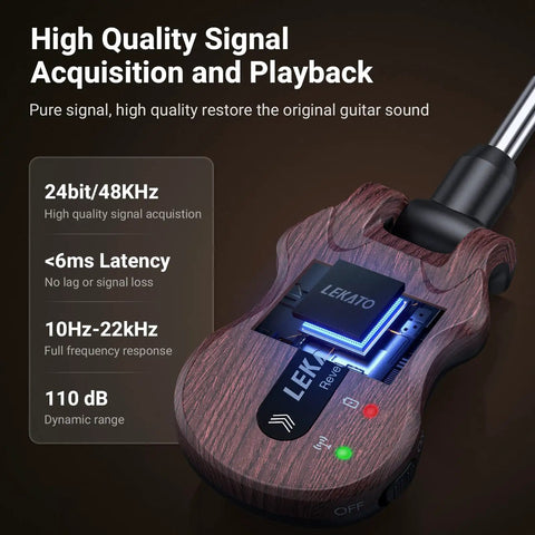 Close-up of 5.8GHz Wireless Guitar System With 24-Bit Audio Transmission For Live Stage And Studio Practice, wooden design