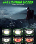Person hiking at night using Rechargeable 2 Pack Headlamp With 1200 Lumens, Motion Sensor, six lighting modes shown below.