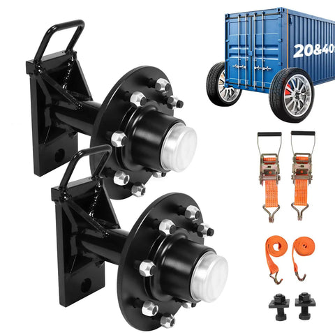 Hella Tough Shipping Container Rollers With An 8 By 6 Point 5 Lug Setup and heavy duty axle kit on display with tie clips.
