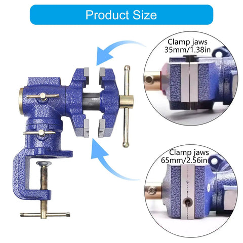 Heavy Duty Woodworking Bench Clamp With 360 Rotation For Pros, High Carbon Steel Vise shown from side with jaw sizes 35mm and 65mm.