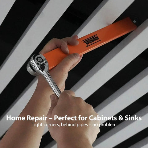 Offset Extension Wrench With Zero Degree Swing For Tight Spaces, 15.4 Inch Length, 53 Ft-Lb Torque, 3/8 Inch Drive Chain Driven Socket Extender, Includes 1/4 Inch, 3/8 Inch, And 1/2 Inch Adapters For Behind Block And Engine Bay Access, used in tight cabinet space