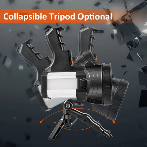 Image showing Ultra Bright 120000 Lumen LED Spotlight with 10000mAh Rechargeable Battery on collapsible tripod option.