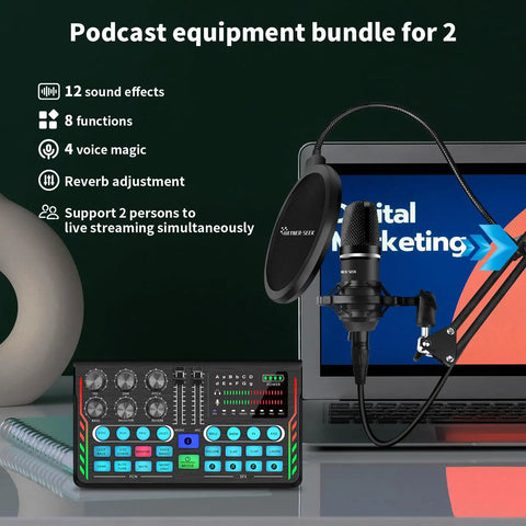 Two Person Podcast Studio Bundle With DJ Mixer And Three Point Five Millimeter Diaphragm Condenser Microphones for setup