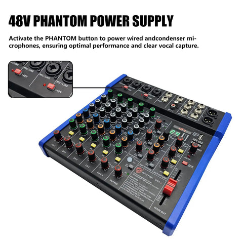 Close-up of Pro 6 Channel Audio Mixer Console With USB Bluetooth MP3 Input 48V Phantom Power showing controls and inputs.