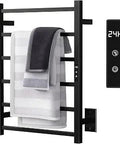 Six Bar Matte Black Towel Warmer Rack With 24 Hour Timer And Temperature Control Made From 304 Stainless Steel Waterproof IP44 Plug In Or Hardwired Wall Mounted