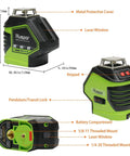 Self Leveling Laser Level With 360 Degree Horizontal Cross Line And Two Plumb Dots Up And Down Points Wide Vertical Beam Magnetic Pivoting Base Pro Grade 621CR product dimensions and features