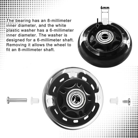 Close-up of 8 Pack 76mm Inline Skate Wheels With Bearings For Indoor And Outdoor Replacement, showing bearing and washer details.