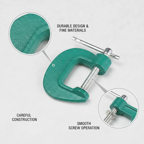 Heavy Duty Quick Adjust G Clamp For Woodworking And DIY Projects. 2.95 inch green alloy steel clamp with smooth screw operation.