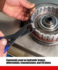 Hands using 9 Inch Spring Loaded Angle Tip Locking Pliers For Retaining Rings Circlip Horseshoe Washers Pro Grade Heavy Duty Pliers