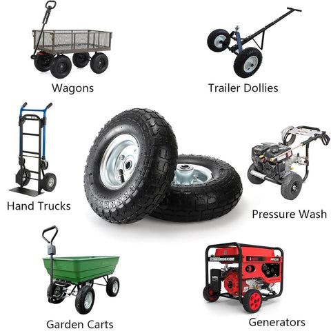 2-Pack Pneumatic Air Filled 10 Inch Hand Truck Wheels With 4.10/3.50-4 Tires, surrounded by images of wagons, carts, and utility equipment