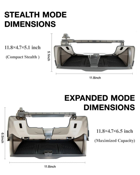 Tesla Hidden Under Screen Storage Box With One Tap Open And Smooth Damping Slides in stealth and expanded modes dimensions