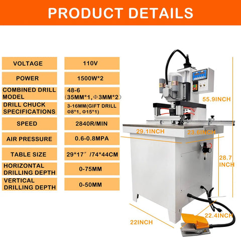 Heavy-Duty Pneumatic Hinge Boring And Drilling Machine For Woodworking Vertical And Horizontal Drill Press dimensions
