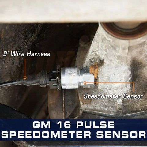 16 Pulse Speedometer Sensor Adapter For GM And Mopar Transmissions, Converts Mechanical Speedometer Signal To Electronic MPH Readout, 7/8-18 Female Thread, 9 Foot Harness With Sensor And Power, installed with 9' wire harness