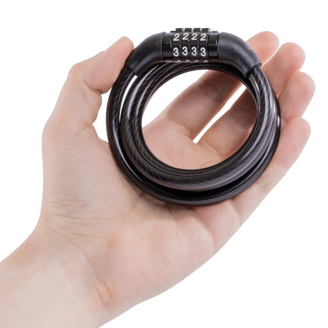 Hand holding 4 Foot Braided Steel Bike Cable Lock With Four Digit Combination Vinyl Coated Bicycle Lock For Outdoor Security.