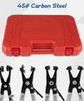 Red storage case for 9-piece hose clamp plier set; four carbon steel automotive clamp pliers shown.