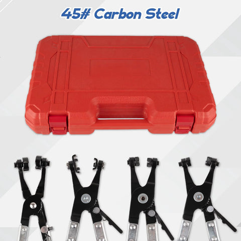 Red storage case for 9-piece hose clamp plier set; four carbon steel automotive clamp pliers shown.