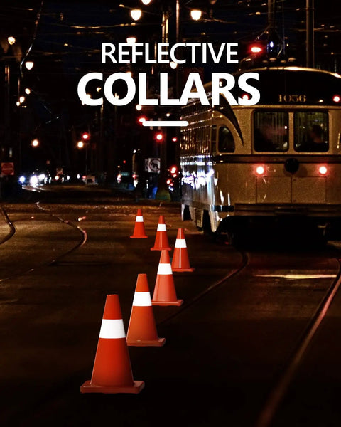 Orange cones with reflective collars on street near tram at night, 6 Pack 18 Inch Traffic Safety Cones With Reflective Collars PVC Orange.