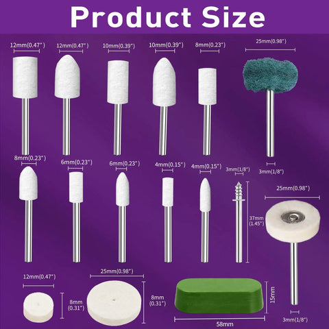 Polishing Bits and Buffing Wheels Kit for Rotary Tool With 114 Piece Set and One Eighth Inch Shank product sizes displayed