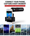 Grab And Go 25X Monocular Telescope With Phone Adapter for hiking, bird watching, stargazing showing smartphone holder and HD images