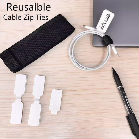 80 Pack Cable Labels and Cord Ties Kit With Write-On Wire Labels and dual-tip marker on wooden desk