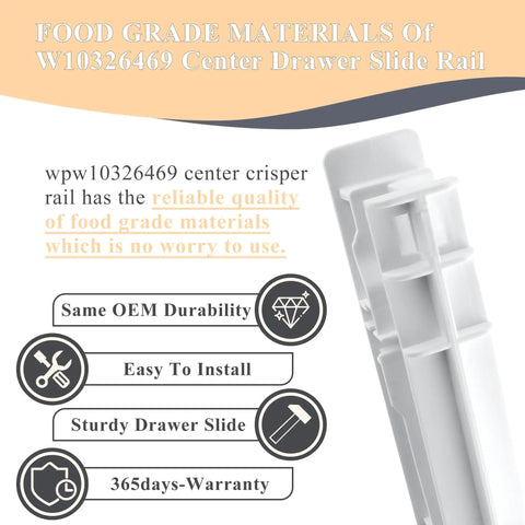 Heavy Duty Center Drawer Slide Rail For Refrigerator Crisper Bin, food grade white plastic material, close-up detail view.